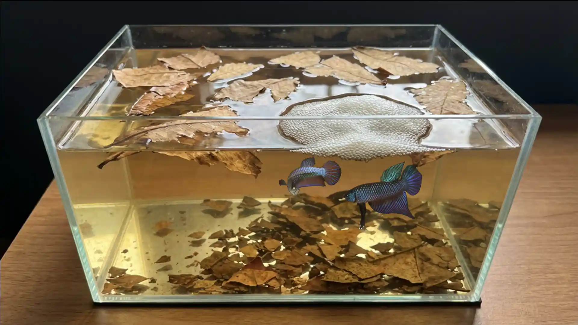 Close-up field marker view showing the female egg spot area and body shape cues for Betta smaragdina identification.